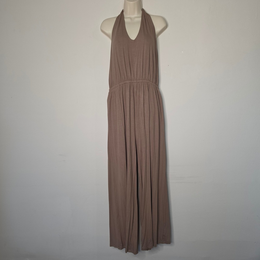 Old Navy Jumpsuit Womens L Brown Halter Wide Leg Jersey Knit Pockets Stretch